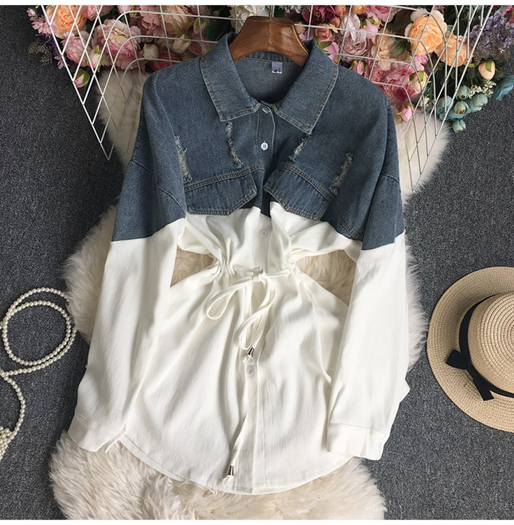 Damen-Jeanstop und einfarbige lange Ärmel_voghion.com