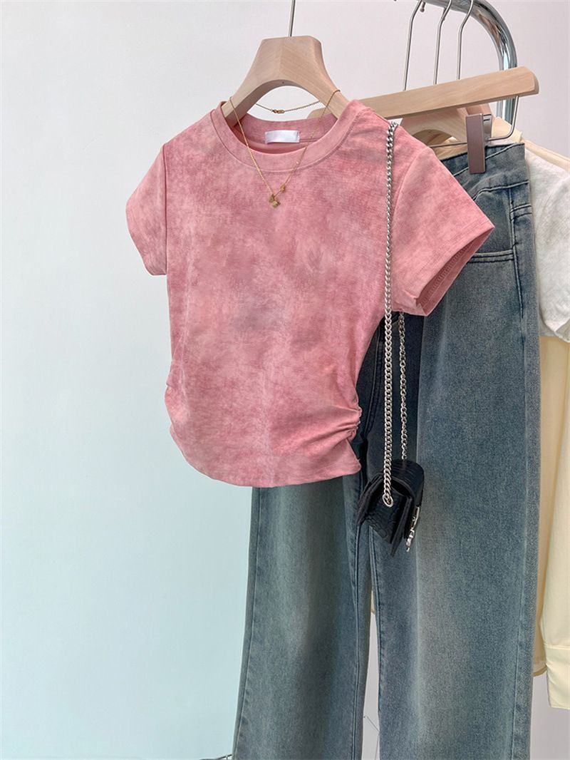 T-shirt court en coton tie-dye uni, style coréen, coupe ajustée, couleur unie froissée, pour femme, collection commerce extérieur._voghion.com