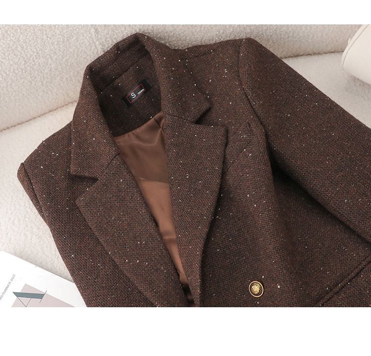 Blazer da donna in tweed misto lana per autunno inverno - Giacca da ufficio doppiopetto slim fit con revers a lancia (nero, marrone, rosso, grigio)_voghion.com