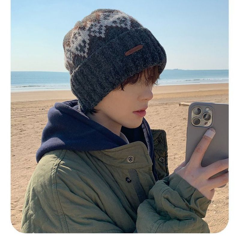 Fleece-Lined Knitted For Men Fair Isle Knit Head Wrap Black Cold Autumn Winter Men's Wool Hat_voghion.com