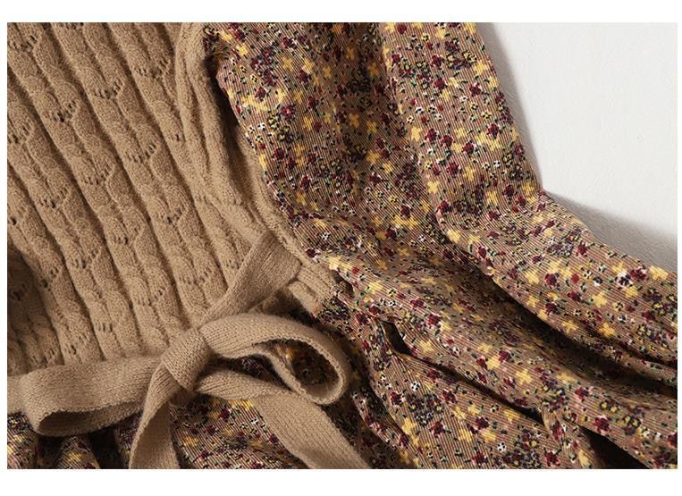 Damenbekleidung Elegantes Cordkleid mit Blumendruck und Fliege – Schlankmachendes A-Linien-Midikleid für Damen, lässige Tunika mit langen Ärmeln und hoher Taille_voghion.com