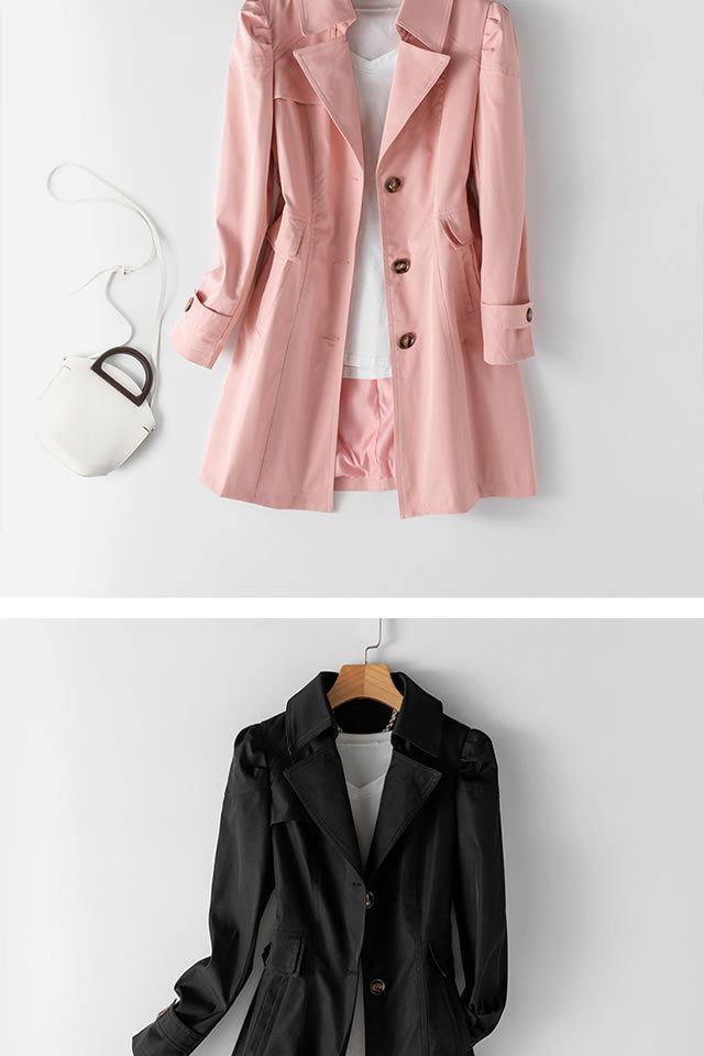 Trench slim fit da donna, giacca casual a maniche lunghe di media lunghezza con colletto a revers (cachi, rosa, nero, beige)_voghion.com