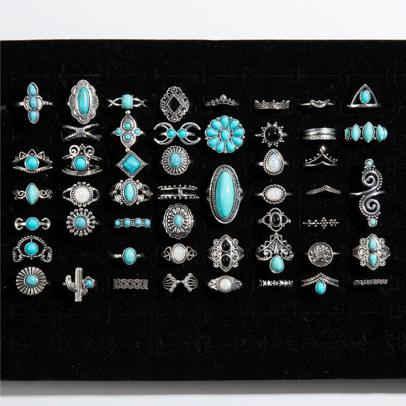 Accessoires pour enfants Style ethnique Incrusté Turquoise Cactus Fleur Bague Rétro Géométrique Dentelle Bague Motif de Lot Mixte Aléatoire_voghion.com