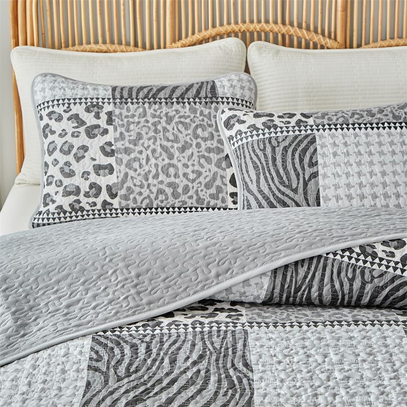 Copriletto a righe e stampa leopardata - Copripiumino grigio chiaro 3 pezzi (certificato OEKO-TEX®, motivo geometrico astratto) per camere da letto moderne e bohémien._voghion.com