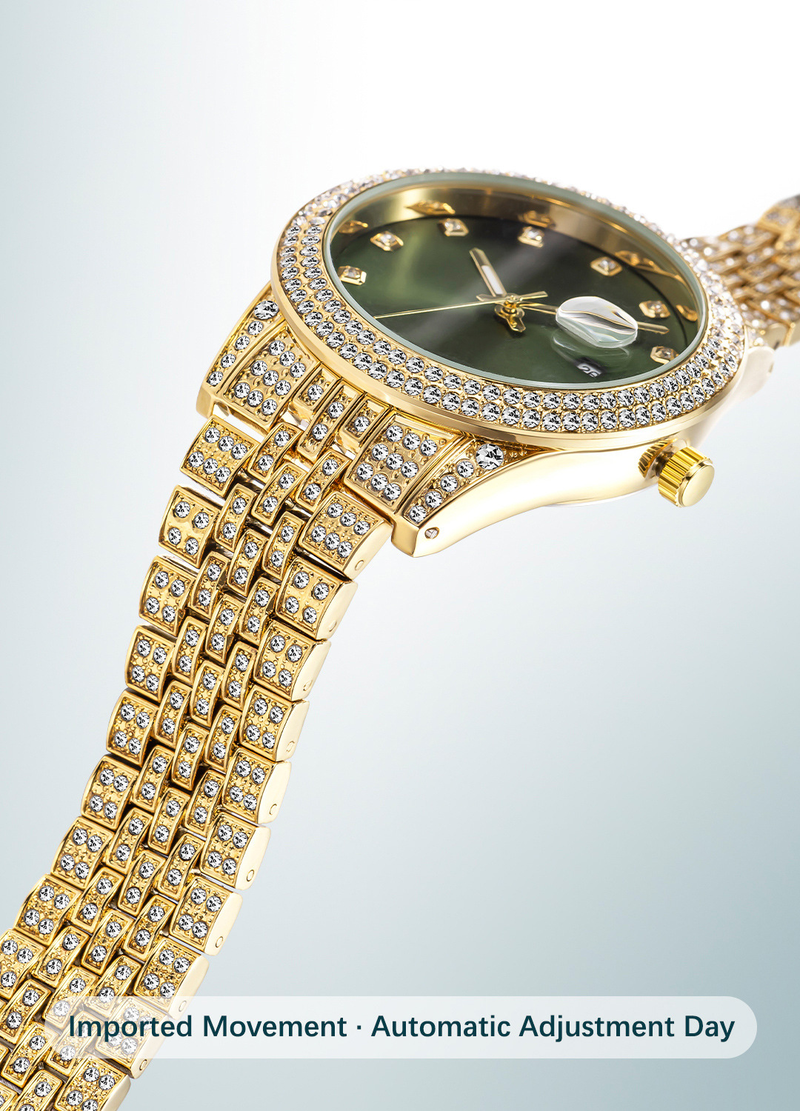 MISSFOX Brand Fashion Hip Hop Full Diamond Glow Calendar Men's Quartz Watch_voghion.com