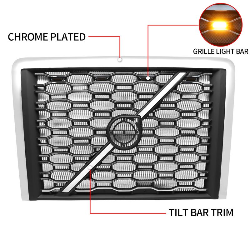 Upgrade Chrome + Black Grille Fit For 2018+ Volvo VNL Semi Trucks, With Bug Screen With Light Strip_voghion.com