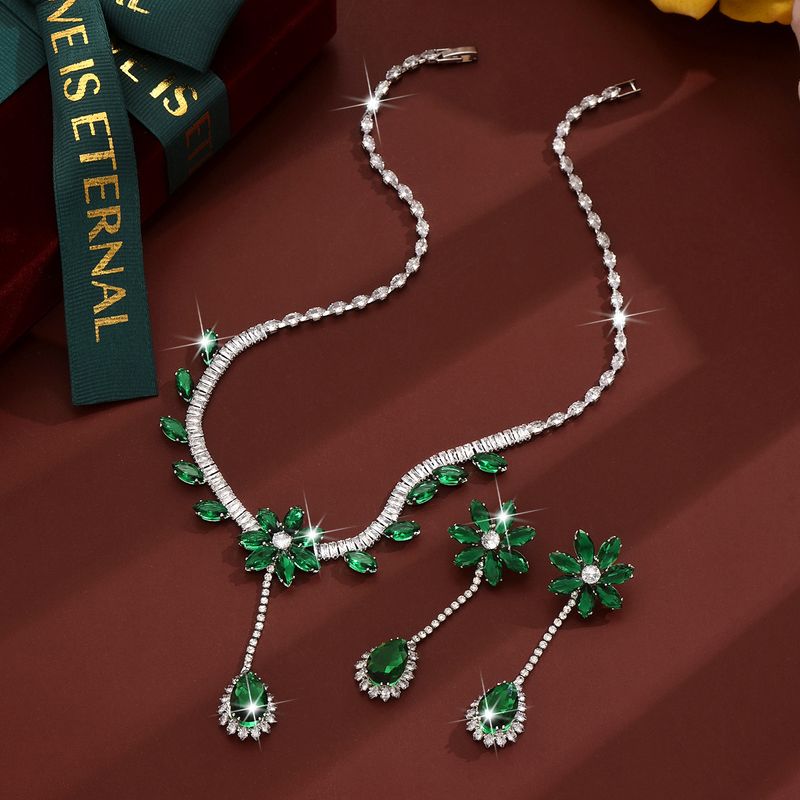 Women's Jewelry Set Fashion Trend Zircon Luxury Necklace Earrings Set Hot Style Wearing Skirt Pink Flower Tassel_voghion.com