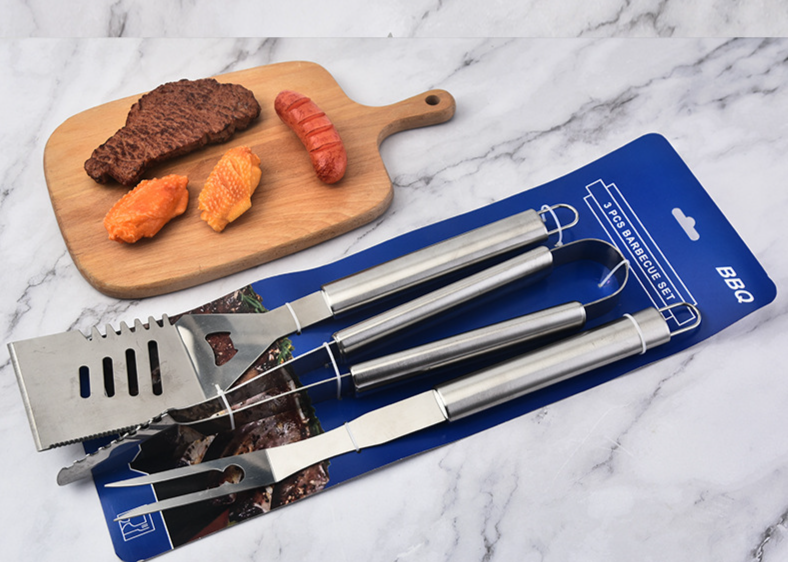 Stainless Steel Grilling Tools Set: Spatula, Tongs, Fork - Three-Piece BBQ Set For Camping, Outdoor, Family Dinners, And_voghion.com