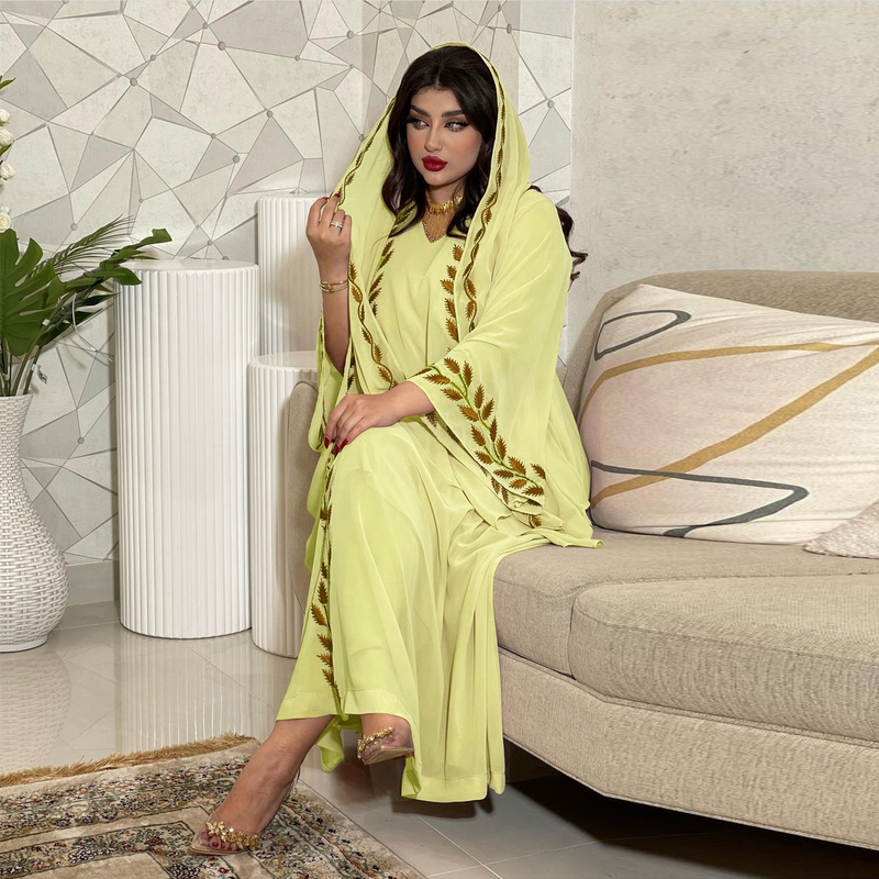 Damenmode Street Chiffon langes muslimisches besticktes rosafarbenes Rundhalskleid mit Hijab_voghion.com