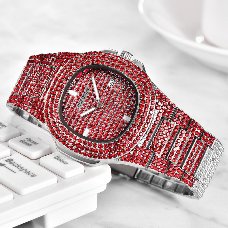 Orologio da uomo di lusso al quarzo con diamanti e data - Quadrante quadrato alla moda con cinturino in acciaio inossidabile, resistente all'acqua, funzione calendario (misure dalla 7 alla 11)_voghion.com