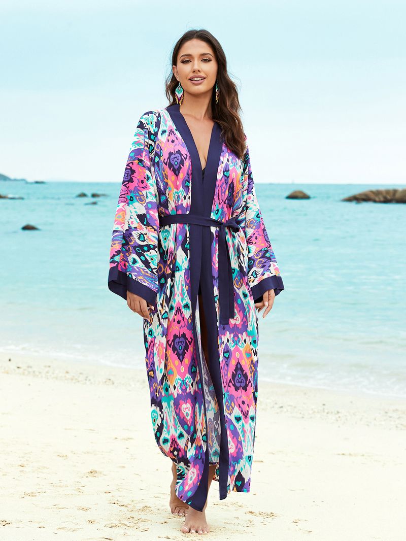 Vêtements pour femmes en coton imprimé plage cache-maillot crème solaire pour femmes rayonne imprimé plage cache-maillot long kimono protection solaire maillots de bain enveloppement pour les vacances_voghion.com