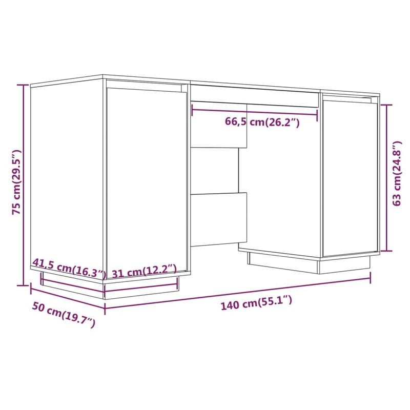 Desk White 55.1"x19.7"x29.5" Solid Wood Pine_voghion.com