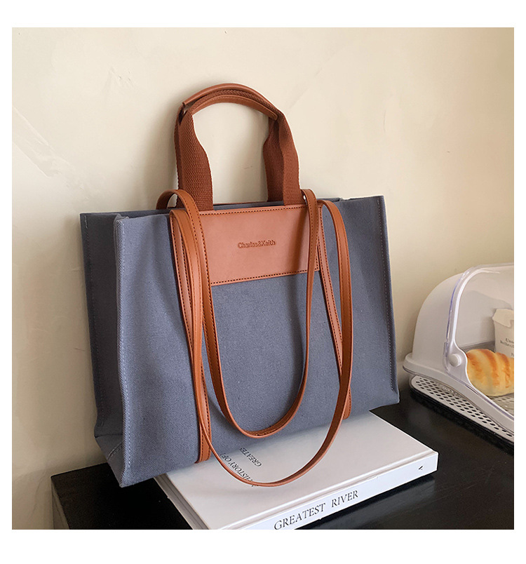 Borse tote da donna, semplici borse tote da donna con colori di tela a contrasto e tracolla singola di grande capacità._voghion.com