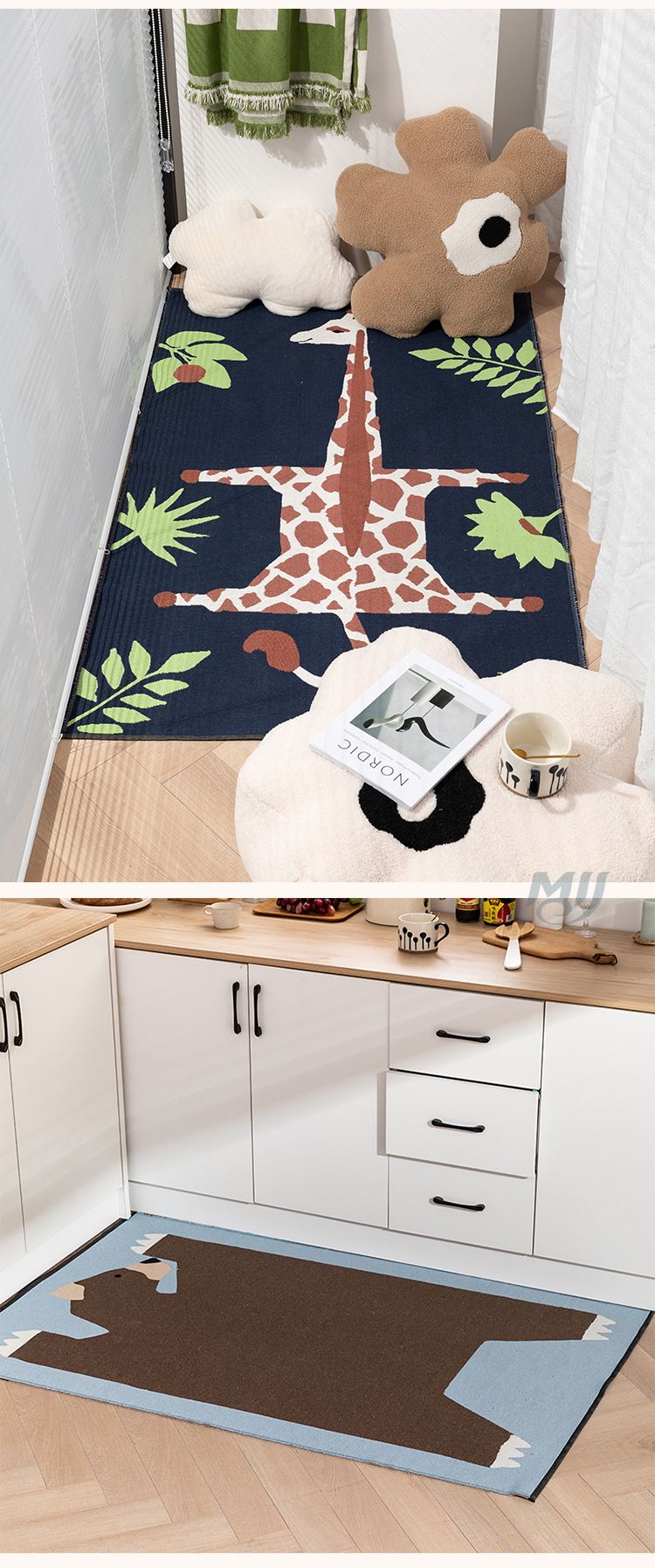 Katoenen Jacquard Krullende Vloermat met Dierenbloempatroon, Binnendeurmat, Dubbelzijdig Geweven Kleur, Beddeken, Kindervloermat_voghion.com