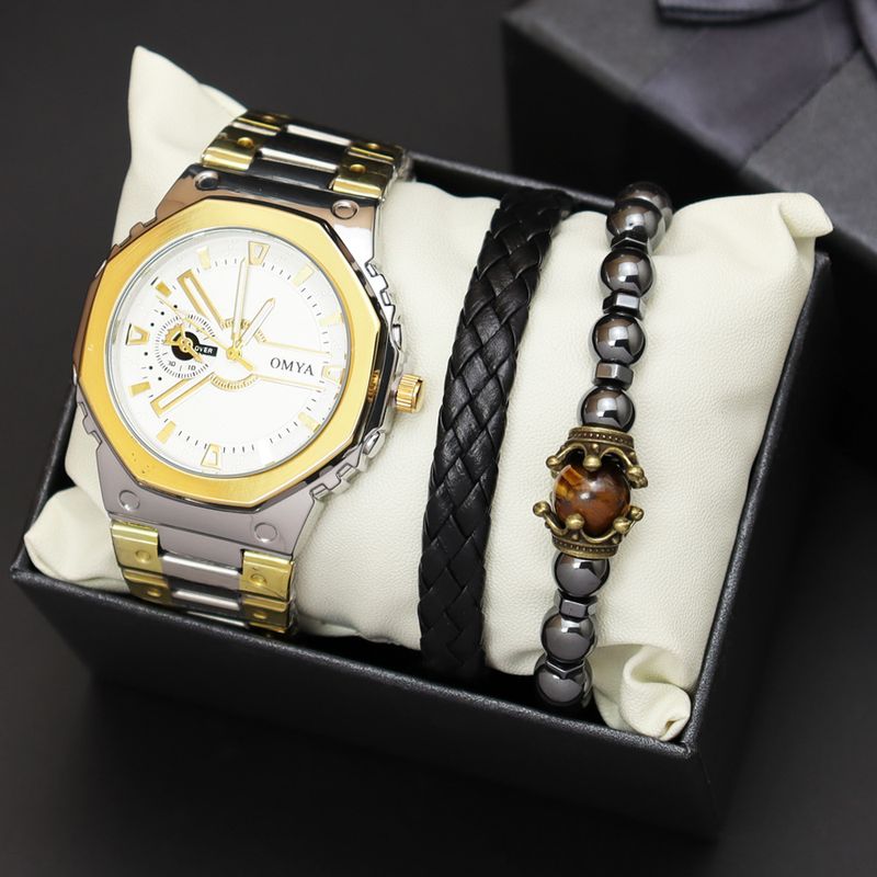 Geschenkbox Uhrenset Herren Quarz Wasserdicht Kalender Uhr Armband Stahlband_voghion.com