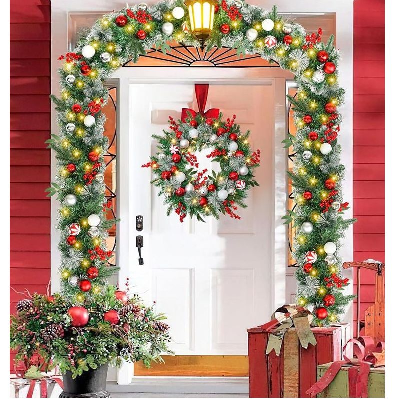 180cm/270cm Christmas Wreath Door Hanging Decor With Faux Pine Garland, Red & White Ornaments_voghion.com