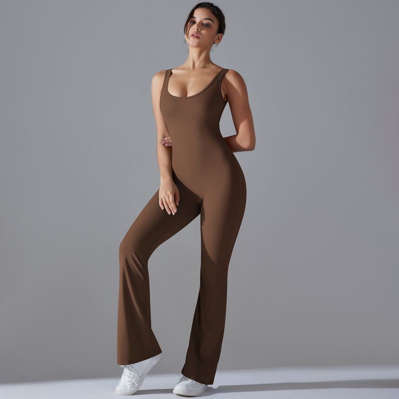 Neuer, einfarbiger, hüfthebender, langer, schmal geschnittener Jumpsuit mit weitem Bein für Sport, Laufen, Fitness und Yoga_voghion.com