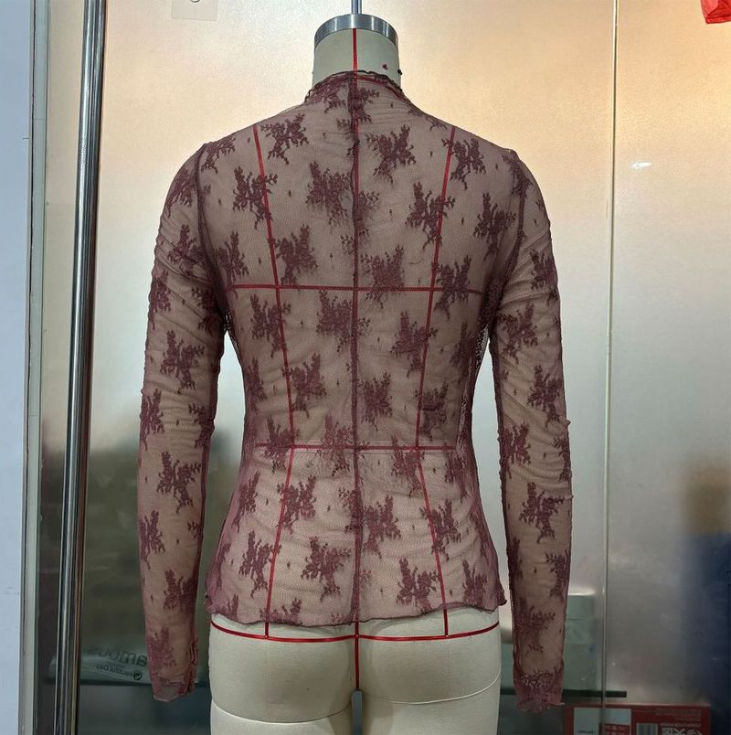 Lace Top With Semi-high Collar And See-through Mesh Base Layer; Sexy_voghion.com