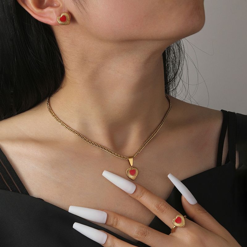 New And Ring Set Design Oil Drop Striped Heart Necklace For Women Fashion Versatile Jewelry_voghion.com