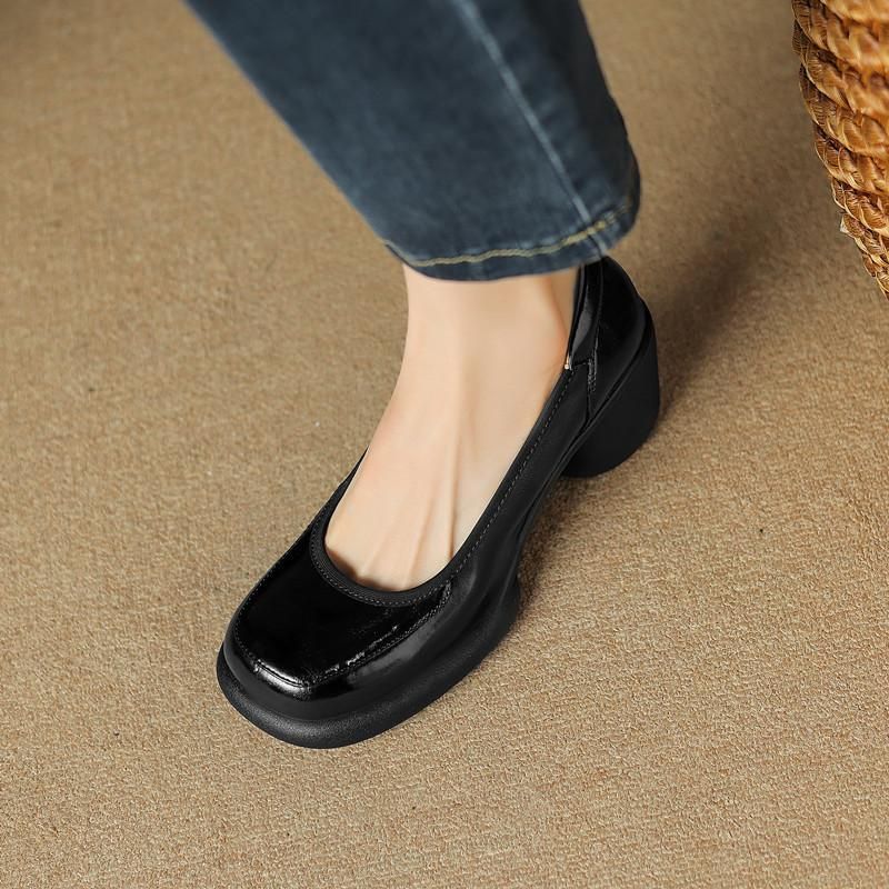 2025 Spring New Genuine Leather Chunky Round Toe Color Block Women's High Heel Waterproof Platform Gunmetal Lazy Slip-On_voghion.com