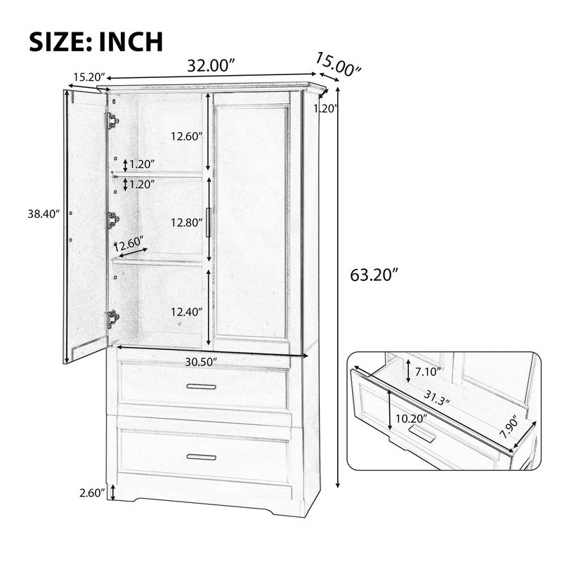 Tall Bathroom Storage Cabinet, Cabinet With Two Doors And Drawers, Adjustable Shelf, MDF Board_voghion.com