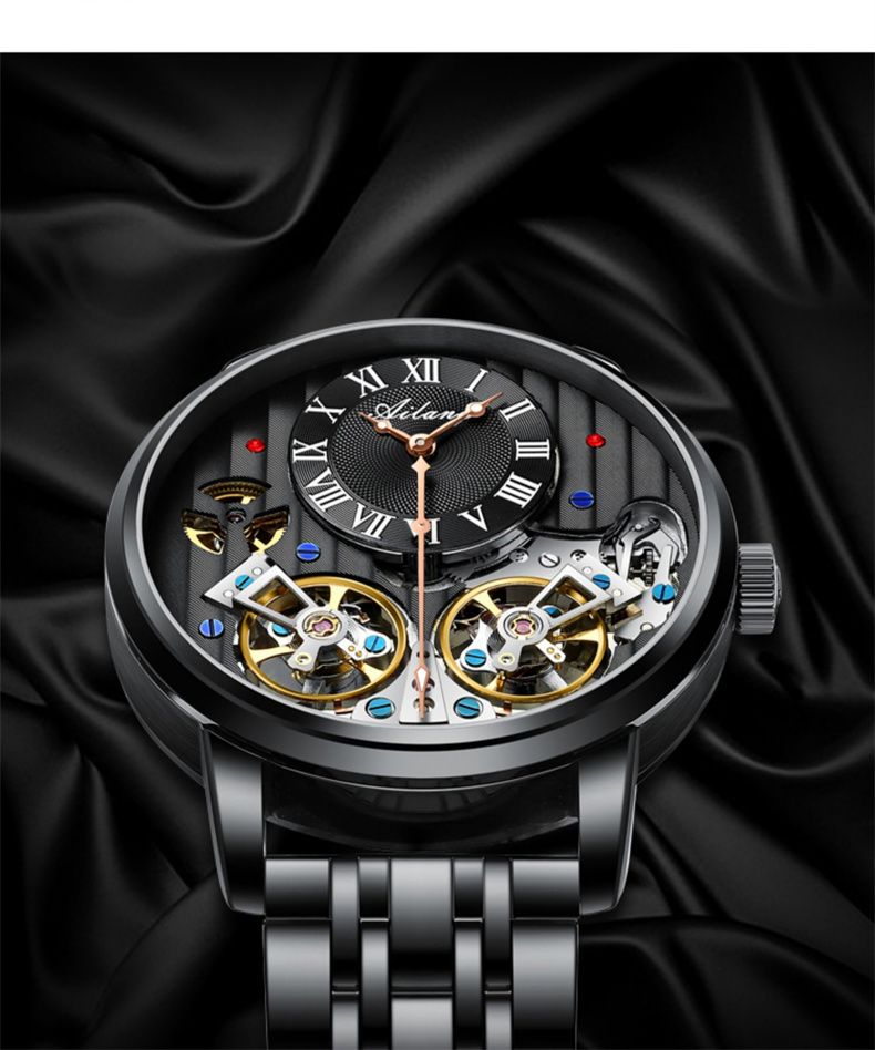 AILANG Mechanical Watch Men 30M Waterproof Automatic Watches Stainless Steel Skeleton Dial Luxury Double Tourbillon Watch Men_voghion.com