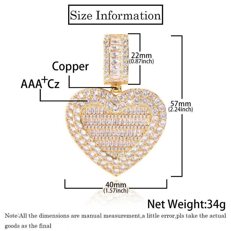 Collana con ciondolo portafoto Hip Hop da uomo – Grande ciondolo a forma di cuore con zirconi, placcato oro o oro bianco, catena a corda da 24 pollici_voghion.com