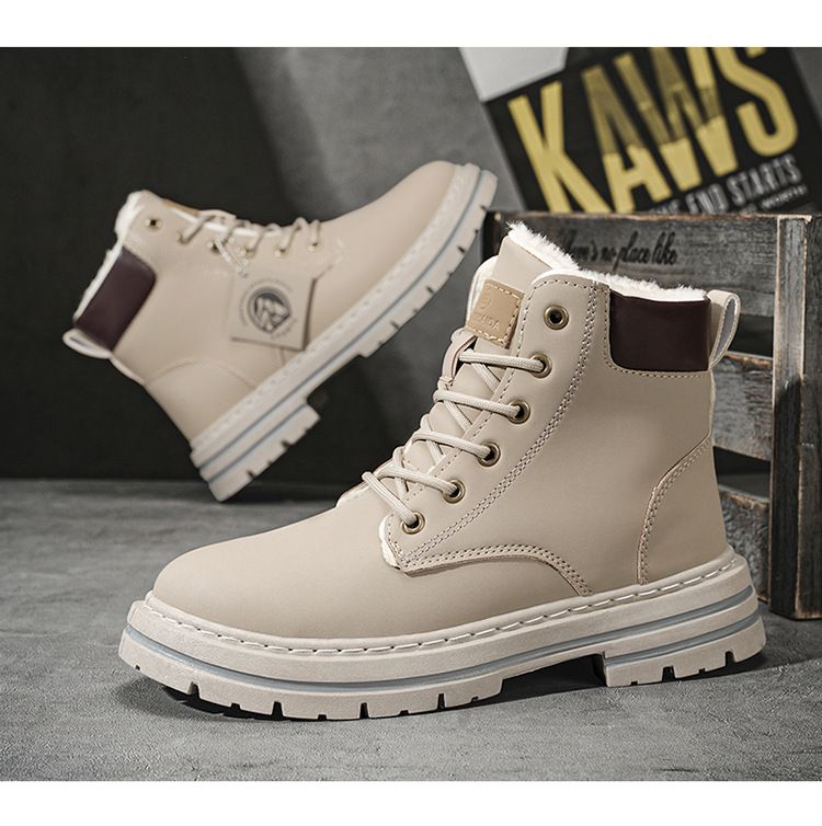 Extraweite Martin-Stiefel für Herren, Größe 46, mit Thermofutter, für den Winter – Lässige Arbeitsstiefel im britischen Stil mit mittlerer Höhe und gepolsterter Sohle (Khaki/Schwarz/Grau)_voghion.com