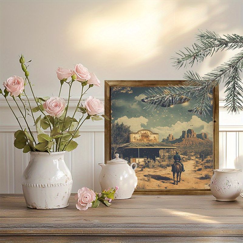 "8x8" Vintage UFO & Cowboys Wood Sign - Desert Scene Wall Art For Living Room, Bedroom, Office | Unique Holiday Gift_voghion.com