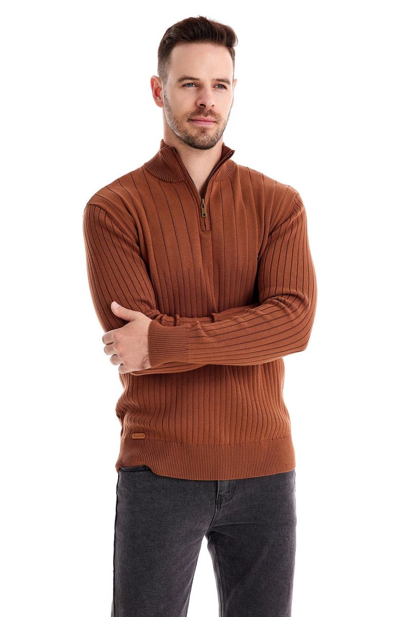 Stand-up Kraang Kotteng Casual Hallefverschluss Einfarweg Pullover héichwäerteg Männer gestrickt Pullover_voghion.com