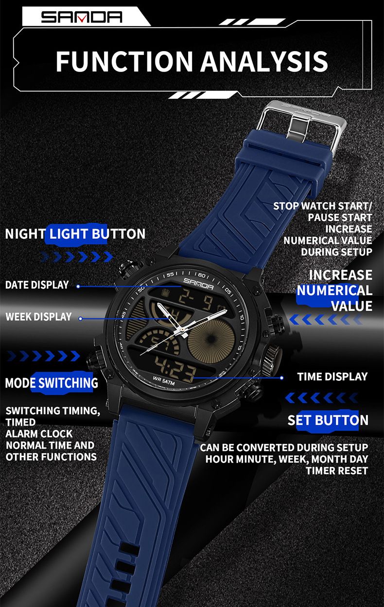 Men's Sports Watch With Dual Display, Luminous Hands, 50m Waterproof, Alarm, Stopwatch, Week & Date Outdoor Activities Dual Display Electronic Watch_voghion.com