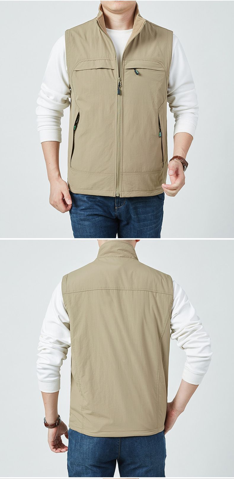 Colete reversível de lã polar para homem – Jaqueta puffer sem mangas quente de inverno com gola alta e vários bolsos (M-5XL)_voghion.com