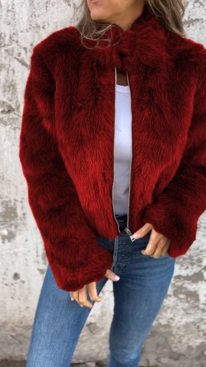 Women's Clothing new autumn and winter women's fur high collar zipper casual tops jacket_voghion.com