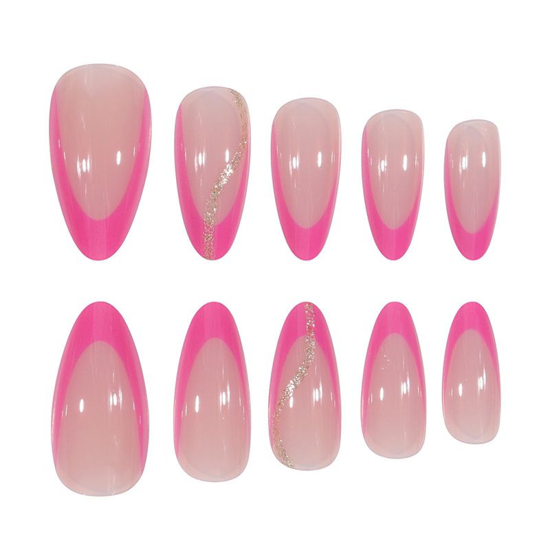 Eleganti unghie a mandorla rosa pesca con punte glitterate dorate - Unghie finte di lusso e alla moda per le donne, unghie finte riutilizzabili e alla moda_voghion.com