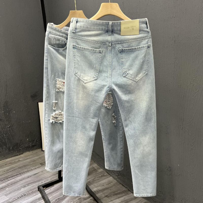 Broken Hole Jeans Men's 2025 Summer New Brand Thin Slim Fit Small Foot Trendy Rolled Edge Nine Part Casual Pants_voghion.com