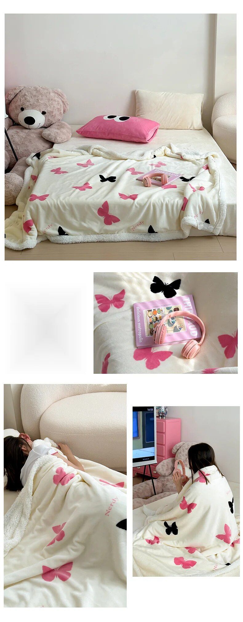 Black Pink Milk Lamb Plush Sofa Car Knee Lunch Rest Office Shawl Blanket_voghion.com