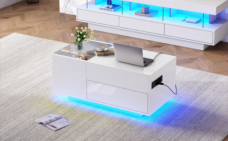 Table basse réglable en hauteur 95 x 48 x 42 cm avec rangement dissimulé, éclairage LED, tiroir et prise – Table d'appoint de salon blanche_voghion.com