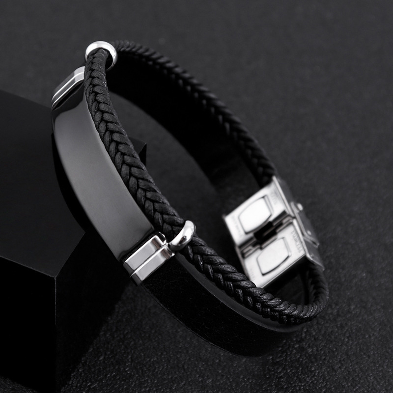 Hip Hop Punk Style Beliebtes Twist Geflochtenes Doppelschicht-Lederarmband Titanstahlarmband_voghion.com