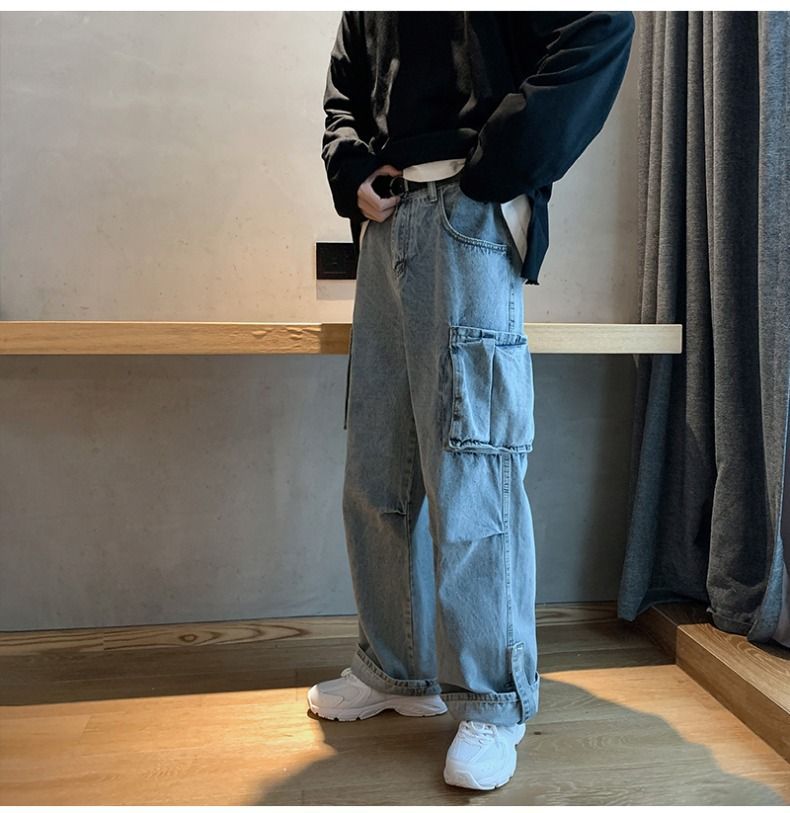 Fallen Wide Jeans Männer, Riicht Been, locker, villfälteg Aarbechtskleedung, Cropped Hosen fir Fréijoer an Hierscht, Papphosen, Trendy_voghion.com