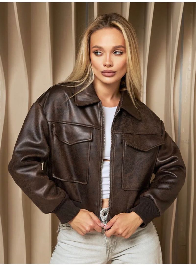 Chic Faux Leather Bomber Jacket – Classic Aviator Style With Zip-Up Closure & Notched Collar_voghion.com
