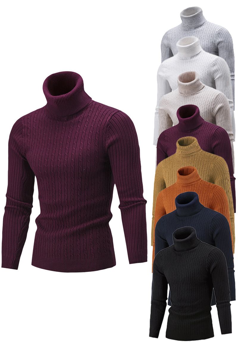 Herrenbekleidung, Strickhemd mit schmaler Passform, einfarbig, schmale Passform, hoher Halsausschnitt, Zopfmusterpullover – einfarbiger Pullover für Freizeit- und Bürokleidung_voghion.com