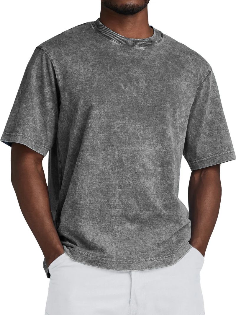 Camiseta vintage de algodão lavado para homens - ajuste macio e relaxado, respirável e confortável, gola redonda clássica, uso casual diário_voghion.com
