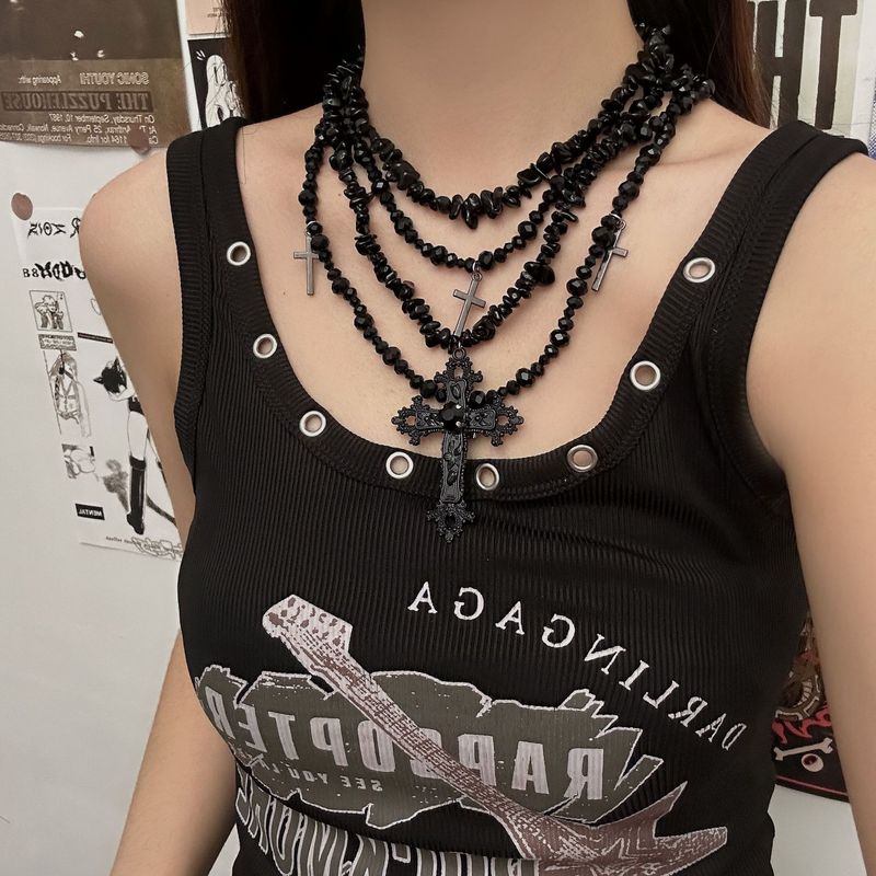 Collier à pampilles en perles croisées de style gothique punk pour femme, chaîne de clavicule lourde et sombre_voghion.com