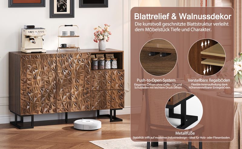 Beistellschrank 120x78,5cm Walnussoptik Mit Blattrelief, 2 Türen & 2 Schubladen_voghion.com