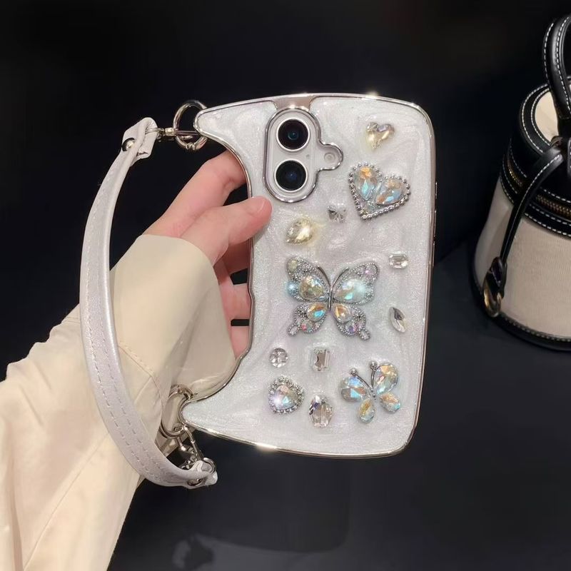 Luxus Glitter Diamant Schmetterling Herz Handtasche Lederband Handgelenk Telefon Fall Abdeckung für iPhone 11 12 13 14 15 16 Pro Plus Max_voghion.com