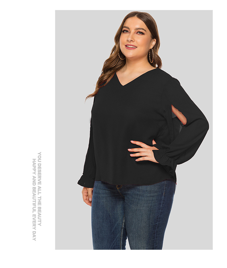 Große Damen Fat MM2023 Frühling/Sommer Solide V-Ausschnitt Split Bubble Sleeve Lose Langarm Chiffon Shirt JR336_voghion.com