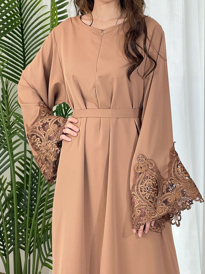 Damkläder Nya enfärgade blommiga spetsärmar med dragkedja Klänning Plus Size Damkläder_voghion.com