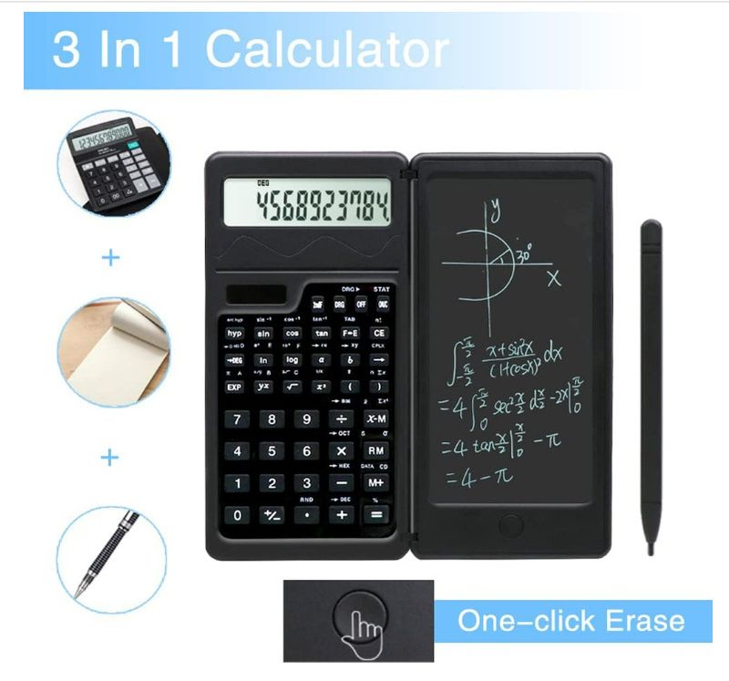 Solar Scientific Calculator With Writing Pad - 2-in-1 Portable Mini Foldable Calculator For Students & Professionals, 12-Digit Display, Dual Power_voghion.com