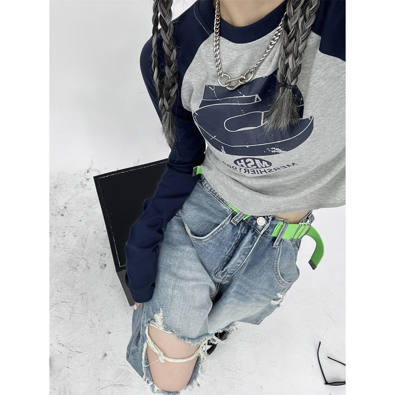 HOUZHOU Vintage Y2K Patchwork Groene T-shirts Vrouwen Hippie Streetwear T-shirts met lange mouwen Vrouwelijke Kpop Retro Herfst Crop_voghion.com