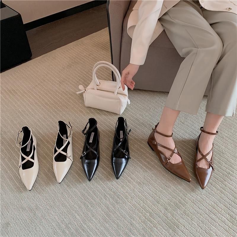 2024 nieuwe kleine dikke kruispuntige lage hak ondiepe mond gespband enkele schoen lente Franse damesschoenen_voghion.com